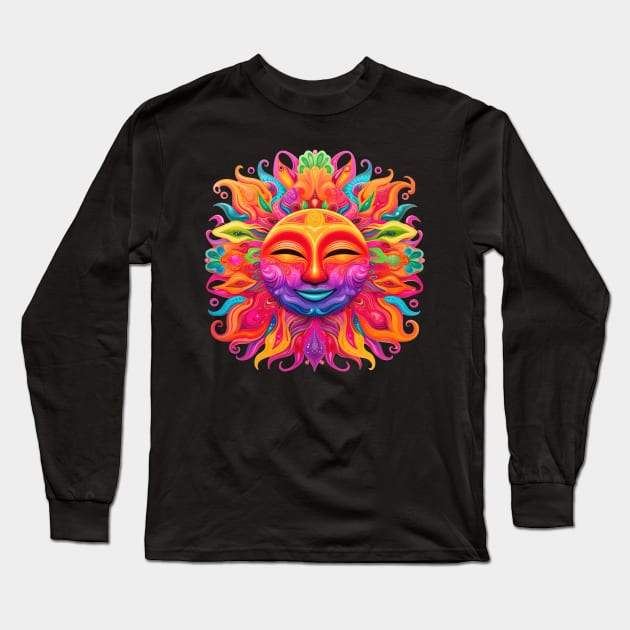 Sun with Smiling Face Psychedelic Colorful Art Long Sleeve T-Shirt by Trippinink